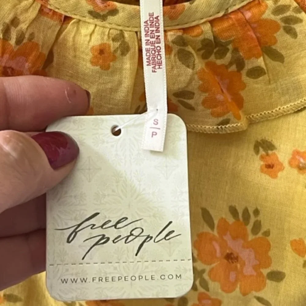 Free People Yellow Floral Print Blouse Ruffles Ruching Balloon Sleeve Small NWT